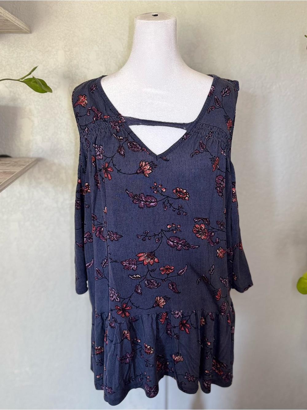 Maurices Navy Floral Cold Shoulder Blouse